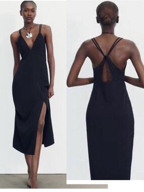 ZARA Black Strappy Midi Slip Dress Side Slit Open Back Minimalist Evening Dress